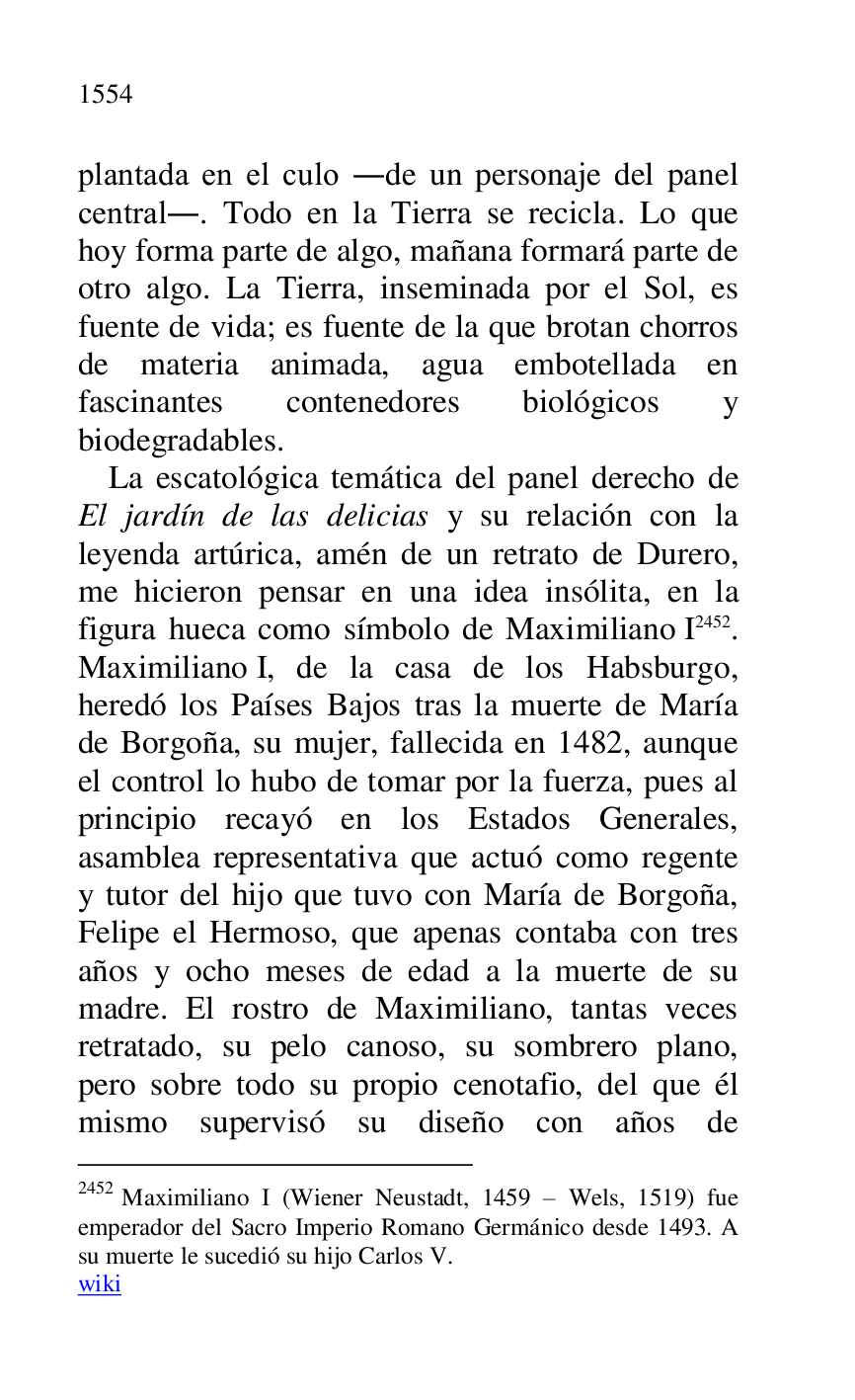 
plantada en el culo .de un personaje del panel 
central.. Todo en la Tierra se recicla. Lo que 
hoy forma parte de algo, mañana formará parte de 
otro algo. La Tierra, inseminada por el Sol, es 
fuente de vida; es fuente de la que brotan chorros 
de materia animada, agua embotellada en 
fascinantes contenedores biológicos y 
biodegradables. 

La escatológica temática del panel derecho de 
El jardín de las delicias y su relación con la 
leyenda artúrica, amén de un retrato de Durero, 
me hicieron pensar en una idea insólita, en la 
figura hueca como símbolo de Maximiliano I 2452. 
Maximiliano I, de la casa de los Habsburgo, 
heredó los Países Bajos tras la muerte de María 
de Borgoña, su mujer, fallecida en 1482, aunque 
el control lo hubo de tomar por la fuerza, pues al 
principio recayó en los Estados Generales, 
asamblea representativa que actuó como regente 
y tutor del hijo que tuvo con María de Borgoña, 
Felipe el Hermoso, que apenas contaba con tres 
años y ocho meses de edad a la muerte de su 
madre. El rostro de Maximiliano, tantas veces 
retratado, su pelo canoso, su sombrero plano, 
pero sobre todo su propio cenotafio, del que él 
mismo supervisó su diseño con años de 

2452 Maximiliano I (Wiener Neustadt, 1459 R Wels, 1519) fue 
emperador del Sacro Imperio Romano Germánico desde 1493. A 
su muerte le sucedió su hijo Carlos V. 

wiki 


