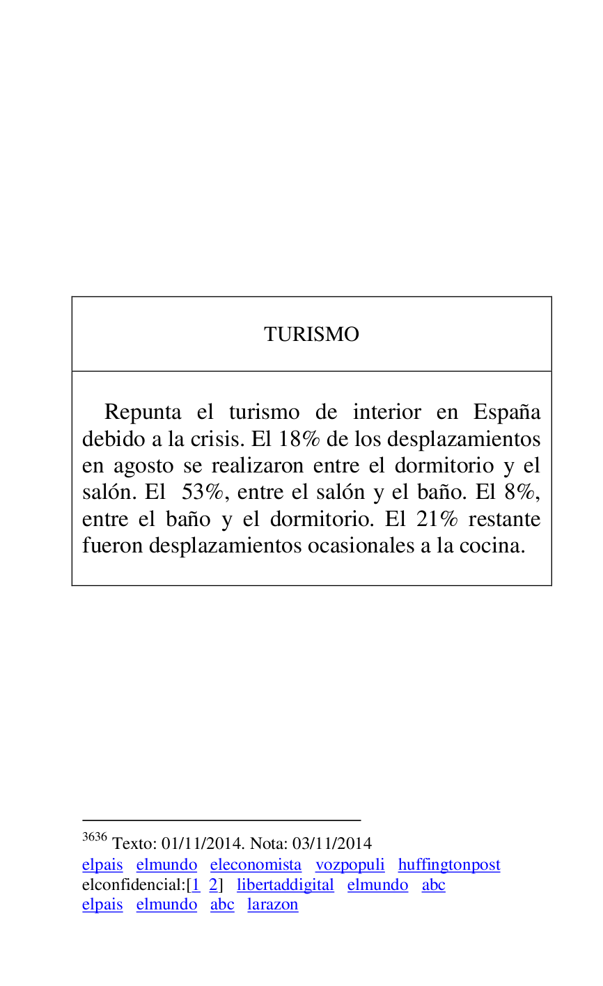 
 

 

 

 

 

 

 

 

TURISMO 

 

 

Repunta el turismo de interior en España 
debido a la crisis. El 18% de los desplazamientos 
en agosto se realizaron entre el dormitorio y el 
salón. El 53%, entre el salón y el baño. El 8%, 
entre el baño y el dormitorio. El 21% restante 
fueron desplazamientos ocasionales a la cocina. 

 



3636 Texto: 01/11/2014. Nota: 03/11/2014 

elpais elmundo eleconomista vozpopuli huffingtonpost 

elconfidencial:[1 2] libertaddigital elmundo abc 

elpais elmundo abc larazon 

 

 


