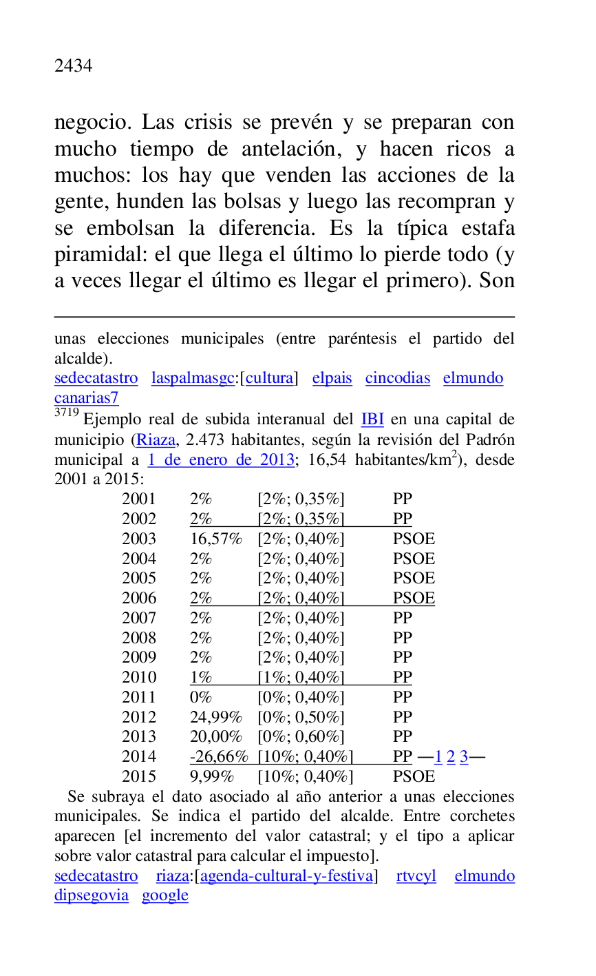 
unas elecciones municipales (entre paréntesis el partido del 
alcalde). 

sedecatastro laspalmasgc:[cultura] elpais cincodias elmundo 

canarias7 

3719 Ejemplo real de subida interanual del IBI en una capital de 
municipio (Riaza, 2.473 habitantes, según la revisión del Padrón 
municipal a 1 de enero de 2013; 16,54 habitantes/km2), desde 
2001 a 2015: 

2001 2% [2%; 0,35%] PP 

2002 2% [2%; 0,35%] PP 

2003 16,57% [2%; 0,40%] PSOE 

2004 2% [2%; 0,40%] PSOE 

2005 2% [2%; 0,40%] PSOE 

2006 2% [2%; 0,40%] PSOE 

2007 2% [2%; 0,40%] PP 

2008 2% [2%; 0,40%] PP 

2009 2% [2%; 0,40%] PP 

2010 1% [1%; 0,40%] PP 

2011 0% [0%; 0,40%] PP 

2012 24,99% [0%; 0,50%] PP 

2013 20,00% [0%; 0,60%] PP 

2014 -26,66% [10%; 0,40%] PP .1 2 3. 

2015 9,99% [10%; 0,40%] PSOE 

 Se subraya el dato asociado al año anterior a unas elecciones 
municipales. Se indica el partido del alcalde. Entre corchetes 
aparecen [el incremento del valor catastral; y el tipo a aplicar 
sobre valor catastral para calcular el impuesto]. 

sedecatastro riaza:[agenda-cultural-y-festiva] rtvcyl elmundo 
dipsegovia google 

negocio. Las crisis se prevén y se preparan con 
mucho tiempo de antelación, y hacen ricos a 
muchos: los hay que venden las acciones de la 
gente, hunden las bolsas y luego las recompran y 
se embolsan la diferencia. Es la típica estafa 
piramidal: el que llega el último lo pierde todo (y 
a veces llegar el último es llegar el primero). Son 


