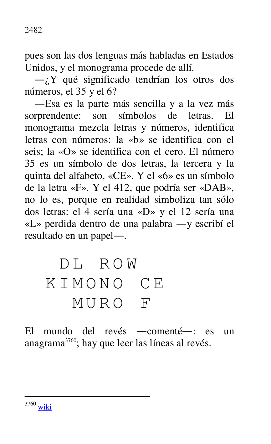 
pues son las dos lenguas más habladas en Estados 
Unidos, y el monograma procede de allí. 

.¿Y qué significado tendrían los otros dos 
números, el 35 y el 6? 

.Esa es la parte más sencilla y a la vez más 
sorprendente: son símbolos de letras. El 
monograma mezcla letras y números, identifica 
letras con números: la «b» se identifica con el 
seis; la «O» se identifica con el cero. El número 
35 es un símbolo de dos letras, la tercera y la 
quinta del alfabeto, «CE». Y el «6» es un símbolo de la letra «F». Y el 412, que podría ser «DAB», 
no lo es, porque en realidad simboliza tan sólo 
dos letras: el 4 sería una «D» y el 12 sería una 
«L» perdida dentro de una palabra .y escribí el 
resultado en un papel.. 

 

 D L R O W 

 K I M O N O C E 

 M U R O F 

 

El mundo del revés .comenté.: es un 
anagrama 3760; hay que leer las líneas al revés. 

3760 wiki 

 

 


