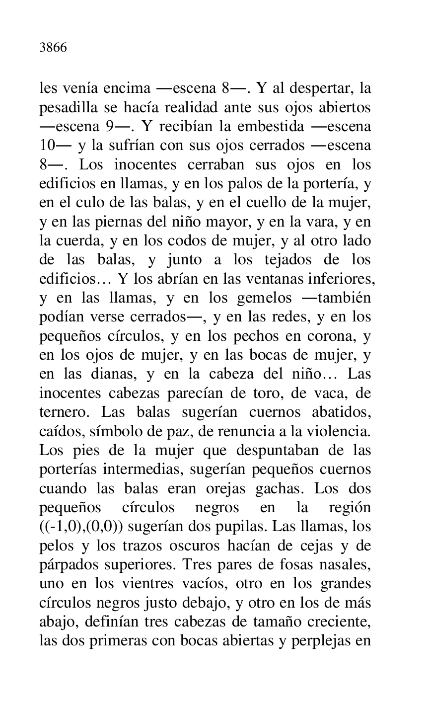 
les venía encima .escena 8.. Y al despertar, la 
pesadilla se hacía realidad ante sus ojos abiertos 
.escena 9.. Y recibían la embestida .escena 
10. y la sufrían con sus ojos cerrados .escena 
8.. Los inocentes cerraban sus ojos en los 
edificios en llamas, y en los palos de la portería, y 
en el culo de las balas, y en el cuello de la mujer, 
y en las piernas del niño mayor, y en la vara, y en 
la cuerda, y en los codos de mujer, y al otro lado 
de las balas, y junto a los tejados de los 
edificios… Y los abrían en las ventanas inferiores, 
y en las llamas, y en los gemelos .también 
podían verse cerrados., y en las redes, y en los 
pequeños círculos, y en los pechos en corona, y 
en los ojos de mujer, y en las bocas de mujer, y 
en las dianas, y en la cabeza del niño… Las 
inocentes cabezas parecían de toro, de vaca, de 
ternero. Las balas sugerían cuernos abatidos, 
caídos, símbolo de paz, de renuncia a la violencia. 
Los pies de la mujer que despuntaban de las 
porterías intermedias, sugerían pequeños cuernos 
cuando las balas eran orejas gachas. Los dos 
pequeños círculos negros en la región 
((-1,0),(0,0)) sugerían dos pupilas. Las llamas, los 
pelos y los trazos oscuros hacían de cejas y de 
párpados superiores. Tres pares de fosas nasales, 
uno en los vientres vacíos, otro en los grandes 
círculos negros justo debajo, y otro en los de más 
abajo, definían tres cabezas de tamaño creciente, 
las dos primeras con bocas abiertas y perplejas en 


