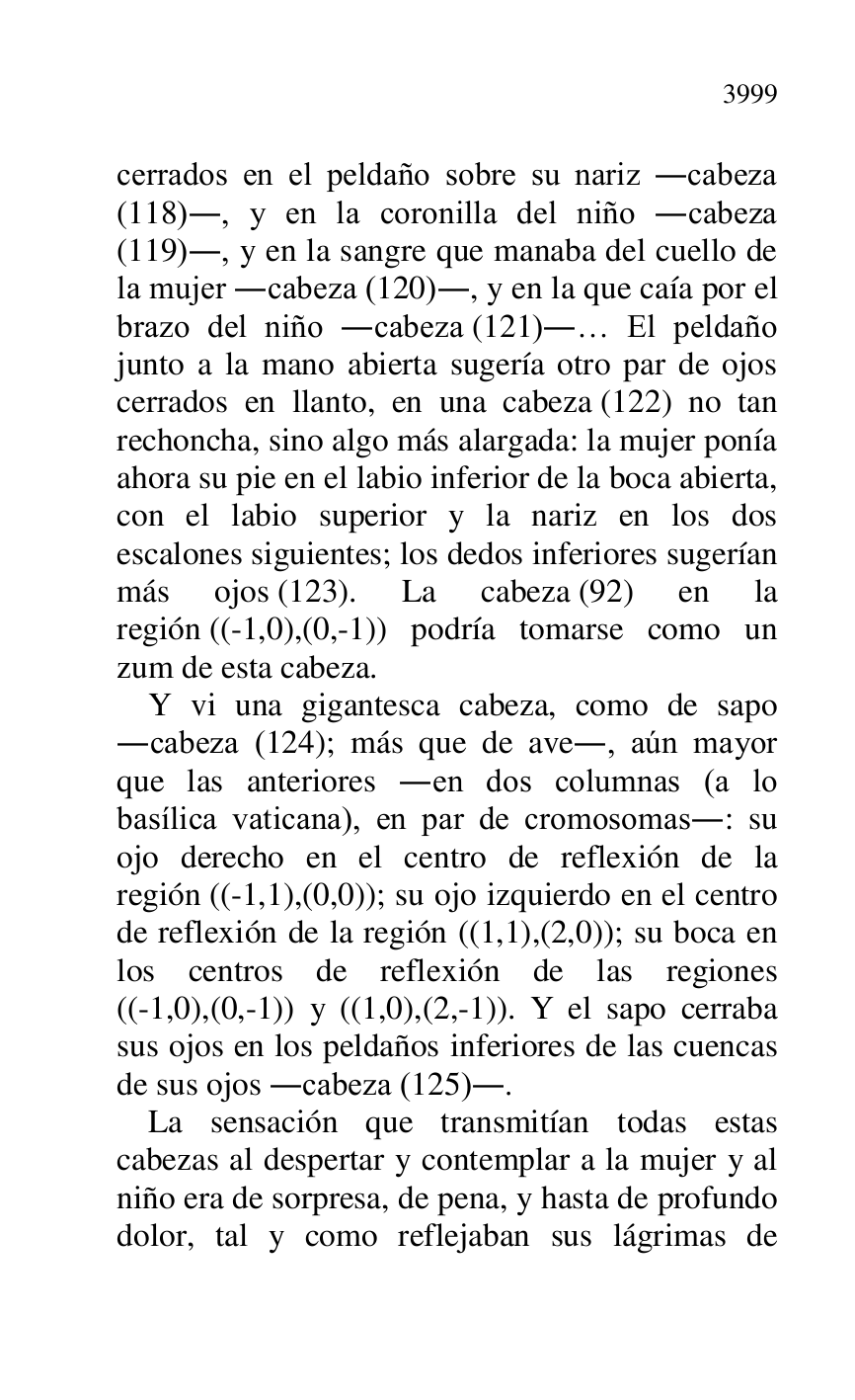 
cerrados en el peldaño sobre su nariz .cabeza 
(118)., y en la coronilla del niño .cabeza 
(119)., y en la sangre que manaba del cuello de 
la mujer .cabeza (120)., y en la que caía por el 
brazo del niño .cabeza (121).… El peldaño 
junto a la mano abierta sugería otro par de ojos 
cerrados en llanto, en una cabeza (122) no tan 
rechoncha, sino algo más alargada: la mujer ponía 
ahora su pie en el labio inferior de la boca abierta, 
con el labio superior y la nariz en los dos 
escalones siguientes; los dedos inferiores sugerían 
más ojos (123). La cabeza (92) en la 
región ((-1,0),(0,-1)) podría tomarse como un 
zum de esta cabeza. 

Y vi una gigantesca cabeza, como de sapo 
.cabeza (124); más que de ave., aún mayor 
que las anteriores .en dos columnas (a lo 
basílica vaticana), en par de cromosomas.: su 
ojo derecho en el centro de reflexión de la 
región ((-1,1),(0,0)); su ojo izquierdo en el centro 
de reflexión de la región ((1,1),(2,0)); su boca en 
los centros de reflexión de las regiones 
((-1,0),(0,-1)) y ((1,0),(2,-1)). Y el sapo cerraba 
sus ojos en los peldaños inferiores de las cuencas 
de sus ojos .cabeza (125).. 

La sensación que transmitían todas estas 
cabezas al despertar y contemplar a la mujer y al 
niño era de sorpresa, de pena, y hasta de profundo 
dolor, tal y como reflejaban sus lágrimas de 


