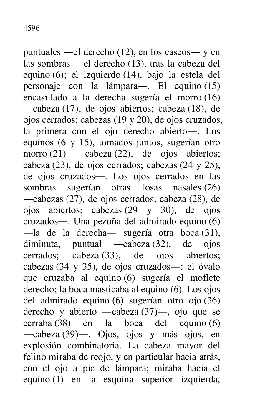 
puntuales .el derecho (12), en los cascos. y en 
las sombras .el derecho (13), tras la cabeza del 
equino (6); el izquierdo (14), bajo la estela del 
personaje con la lámpara.. El equino (15) 
encasillado a la derecha sugería el morro (16) 
.cabeza (17), de ojos abiertos; cabeza (18), de 
ojos cerrados; cabezas (19 y 20), de ojos cruzados, 
la primera con el ojo derecho abierto.. Los 
equinos (6 y 15), tomados juntos, sugerían otro 
morro (21) .cabeza (22), de ojos abiertos; 
cabeza (23), de ojos cerrados; cabezas (24 y 25), 
de ojos cruzados.. Los ojos cerrados en las 
sombras sugerían otras fosas nasales (26) 
.cabezas (27), de ojos cerrados; cabeza (28), de 
ojos abiertos; cabezas (29 y 30), de ojos 
cruzados.. Una pezuña del admirado equino (6) 
.la de la derecha. sugería otra boca (31), 
diminuta, puntual .cabeza (32), de ojos 
cerrados; cabeza (33), de ojos abiertos; 
cabezas (34 y 35), de ojos cruzados.: el óvalo 
que cruzaba al equino (6) sugería el moflete 
derecho; la boca masticaba al equino (6). Los ojos 
del admirado equino (6) sugerían otro ojo (36) 
derecho y abierto .cabeza (37)., ojo que se 
cerraba (38) en la boca del equino (6) 
.cabeza (39).. Ojos, ojos y más ojos, en 
explosión combinatoria. La cabeza mayor del 
felino miraba de reojo, y en particular hacia atrás, 
con el ojo a pie de lámpara; miraba hacia el 
equino (1) en la esquina superior izquierda, 


