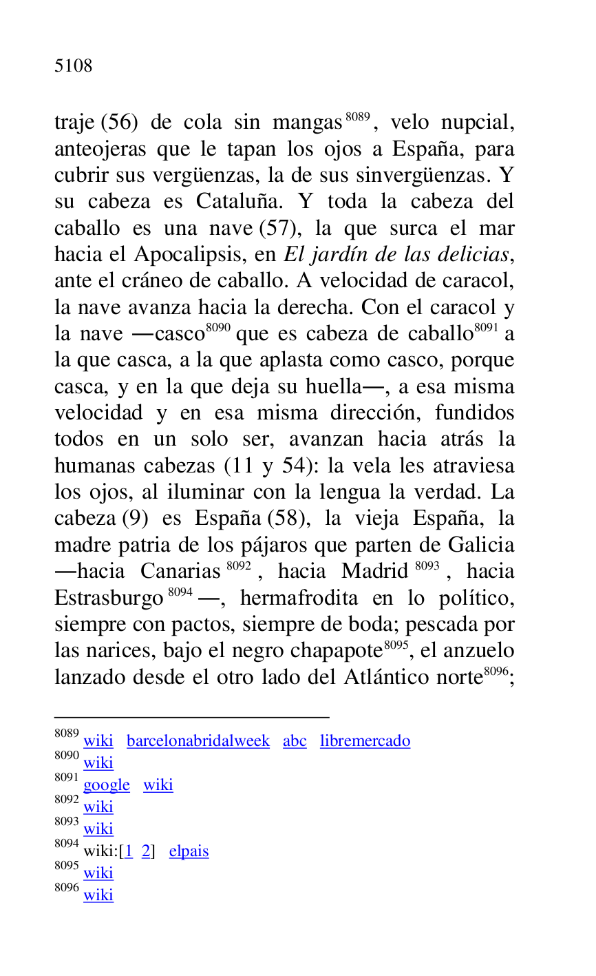 
traje (56) de cola sin mangas 8089, velo nupcial, 
anteojeras que le tapan los ojos a España, para 
cubrir sus vergüenzas, la de sus sinvergüenzas. Y 
su cabeza es Cataluña. Y toda la cabeza del 
caballo es una nave (57), la que surca el mar 
hacia el Apocalipsis, en El jardín de las delicias, 
ante el cráneo de caballo. A velocidad de caracol, 
la nave avanza hacia la derecha. Con el caracol y 
la nave .casco 8090 que es cabeza de caballo 8091 a 
la que casca, a la que aplasta como casco, porque 
casca, y en la que deja su huella., a esa misma 
velocidad y en esa misma dirección, fundidos 
todos en un solo ser, avanzan hacia atrás la 
humanas cabezas (11 y 54): la vela les atraviesa 
los ojos, al iluminar con la lengua la verdad. La 
cabeza (9) es España (58), la vieja España, la 
madre patria de los pájaros que parten de Galicia 
.hacia Canarias 8092, hacia Madrid 8093, hacia 
Estrasburgo 8094., hermafrodita en lo político, 
siempre con pactos, siempre de boda; pescada por 
las narices, bajo el negro chapapote 8095, el anzuelo 
lanzado desde el otro lado del Atlántico norte 8096; 

8089 wiki barcelonabridalweek abc libremercado 

8090 wiki 

8091 google wiki 

8092 wiki 

8093 wiki 

8094 wiki:[1 2] elpais 

8095 wiki 

8096 wiki 


