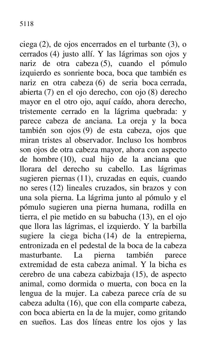 
ciega (2), de ojos encerrados en el turbante (3), o 
cerrados (4) justo allí. Y las lágrimas son ojos y 
nariz de otra cabeza (5), cuando el pómulo 
izquierdo es sonriente boca, boca que también es 
nariz en otra cabeza (6) de seria boca cerrada, 
abierta (7) en el ojo derecho, con ojo (8) derecho 
mayor en el otro ojo, aquí caído, ahora derecho, 
tristemente cerrado en la lágrima quebrada: y 
parece cabeza de anciana. La oreja y la boca 
también son ojos (9) de esta cabeza, ojos que 
miran tristes al observador. Incluso los hombros 
son ojos de otra cabeza mayor, ahora con aspecto 
de hombre (10), cual hijo de la anciana que 
llorara del derecho su cabello. Las lágrimas 
sugieren piernas (11), cruzadas en equis, cuando 
no seres (12) lineales cruzados, sin brazos y con 
una sola pierna. La lágrima junto al pómulo y el 
pómulo sugieren una pierna humana, rodilla en 
tierra, el pie metido en su babucha (13), en el ojo 
que llora las lágrimas, el izquierdo. Y la barbilla 
sugiere la ciega bicha (14) de la entrepierna, 
entronizada en el pedestal de la boca de la cabeza 
masturbante. La pierna también parece 
extremidad de esta cabeza animal. Y la bicha es 
cerebro de una cabeza cabizbaja (15), de aspecto 
animal, como dormida o muerta, con boca en la 
lengua de la mujer. La cabeza parece cría de su 
cabeza adulta (16), que con ella comparte cabeza, 
con boca abierta en la de la mujer, como gritando 
en sueños. Las dos líneas entre los ojos y las 


