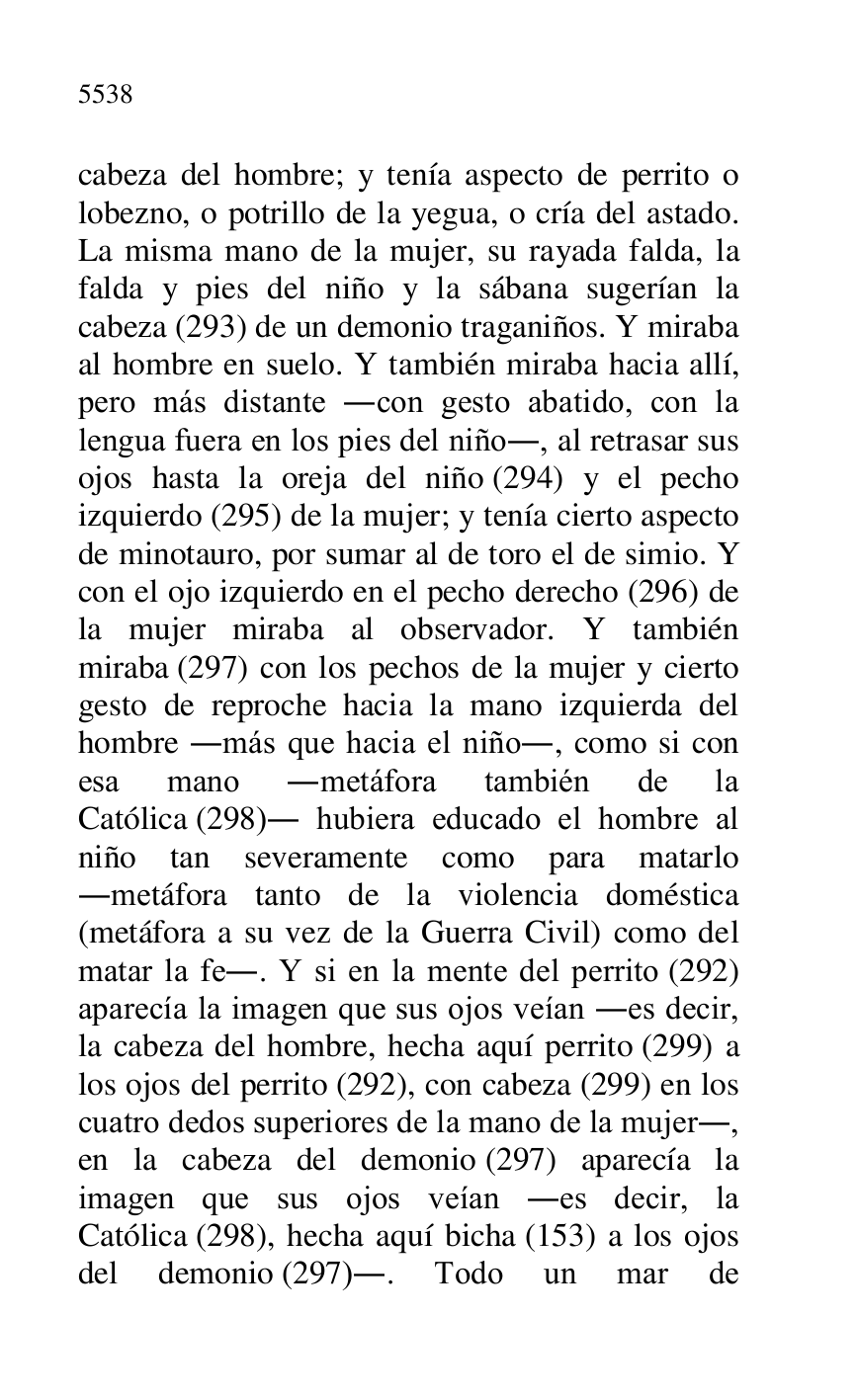 
cabeza del hombre; y tenía aspecto de perrito o 
lobezno, o potrillo de la yegua, o cría del astado. 
La misma mano de la mujer, su rayada falda, la 
falda y pies del niño y la sábana sugerían la 
cabeza (293) de un demonio traganiños. Y miraba 
al hombre en suelo. Y también miraba hacia allí, 
pero más distante .con gesto abatido, con la 
lengua fuera en los pies del niño., al retrasar sus 
ojos hasta la oreja del niño (294) y el pecho 
izquierdo (295) de la mujer; y tenía cierto aspecto 
de minotauro, por sumar al de toro el de simio. Y 
con el ojo izquierdo en el pecho derecho (296) de 
la mujer miraba al observador. Y también 
miraba (297) con los pechos de la mujer y cierto 
gesto de reproche hacia la mano izquierda del 
hombre .más que hacia el niño., como si con 
esa mano .metáfora también de la 
Católica (298). hubiera educado el hombre al 
niño tan severamente como para matarlo 
.metáfora tanto de la violencia doméstica 
(metáfora a su vez de la Guerra Civil) como del 
matar la fe.. Y si en la mente del perrito (292) 
aparecía la imagen que sus ojos veían .es decir, 
la cabeza del hombre, hecha aquí perrito (299) a 
los ojos del perrito (292), con cabeza (299) en los 
cuatro dedos superiores de la mano de la mujer., 
en la cabeza del demonio (297) aparecía la 
imagen que sus ojos veían .es decir, la 
Católica (298), hecha aquí bicha (153) a los ojos 
del demonio (297).. Todo un mar de 


