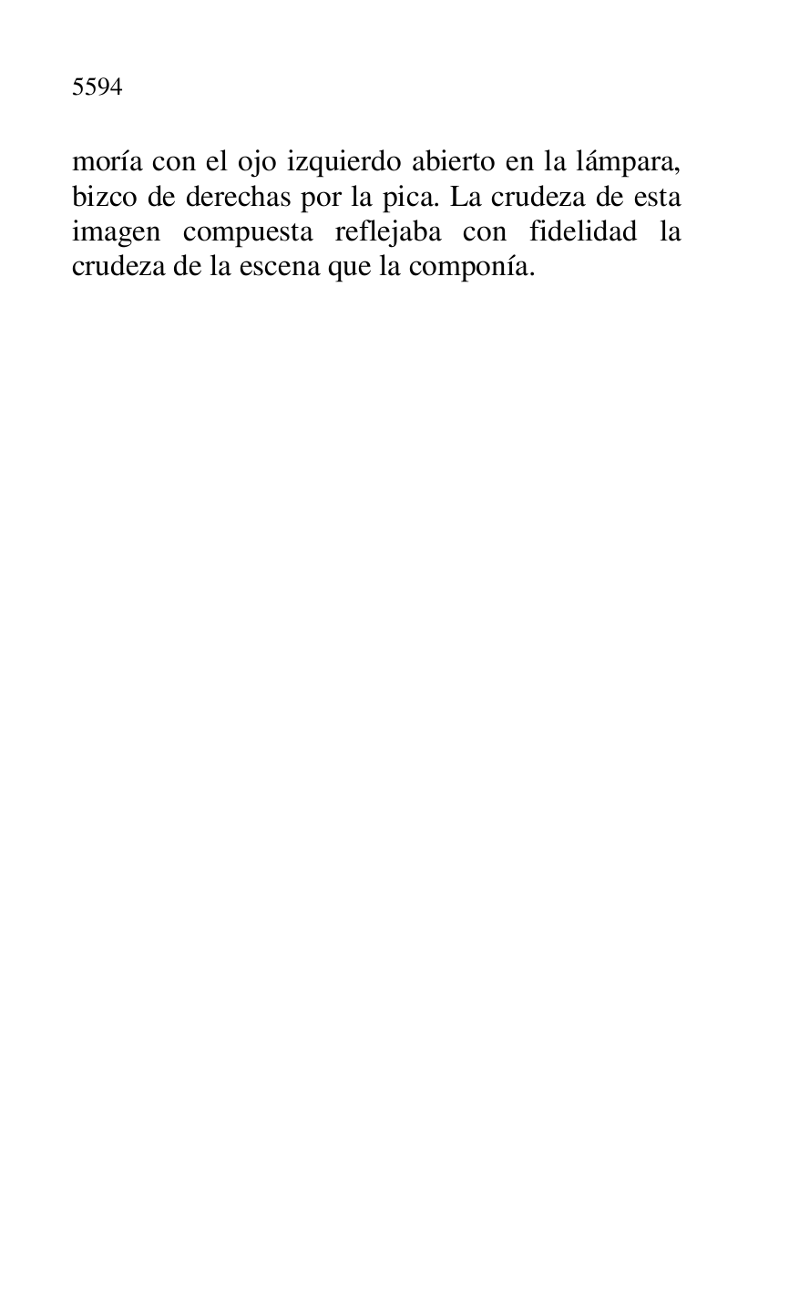 
moría con el ojo izquierdo abierto en la lámpara, 
bizco de derechas por la pica. La crudeza de esta 
imagen compuesta reflejaba con fidelidad la 
crudeza de la escena que la componía. 


